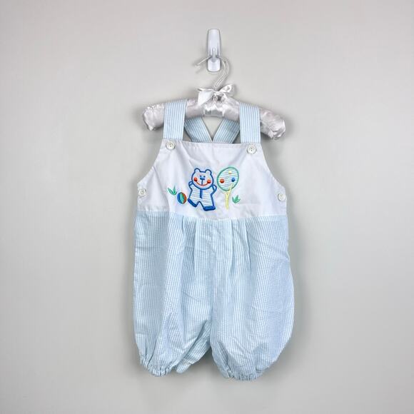 A Tiny Tots Original Blue Stripe Bear Shortall Romper 24 Months - Picture 1 of 4